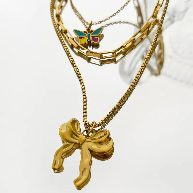 Wholesale Jewelry Glam Vacation Sweet Butterfly Bow Knot 316L Stainless Steel 18K Gold Plated Enamel Pendant Necklace