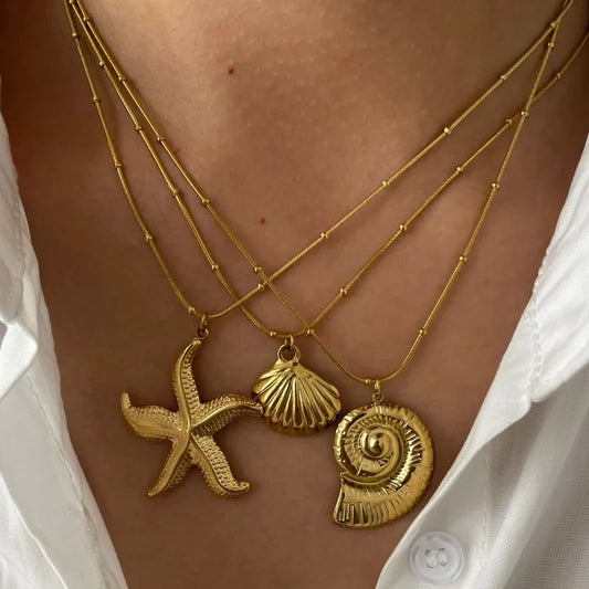 Wholesale Jewelry Hawaiian Simple Style Commute Starfish Conch Shell 304 Stainless Steel 18K Gold Plated Pendant Necklace