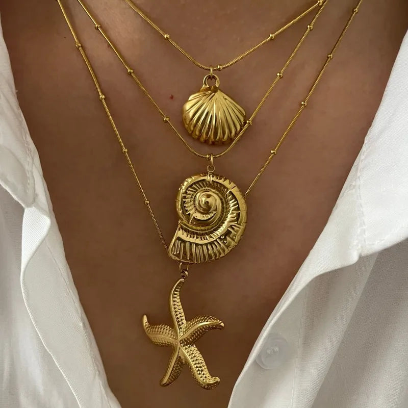 Wholesale Jewelry Hawaiian Simple Style Commute Starfish Conch Shell 304 Stainless Steel 18K Gold Plated Pendant Necklace