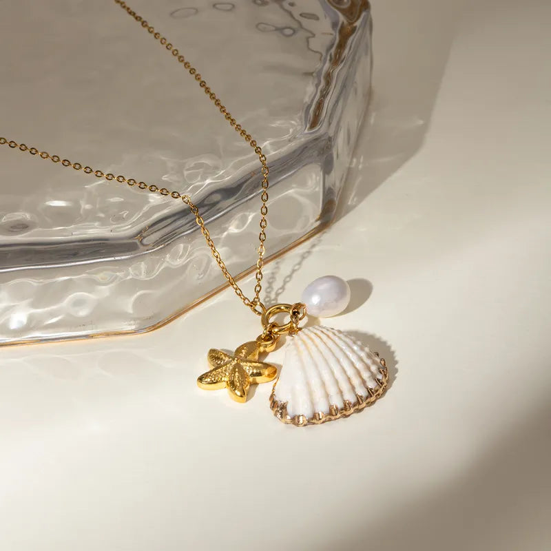 Wholesale Jewelry IG Style Beach Starfish Shell 304 Stainless Steel Pearl Pendant Necklace