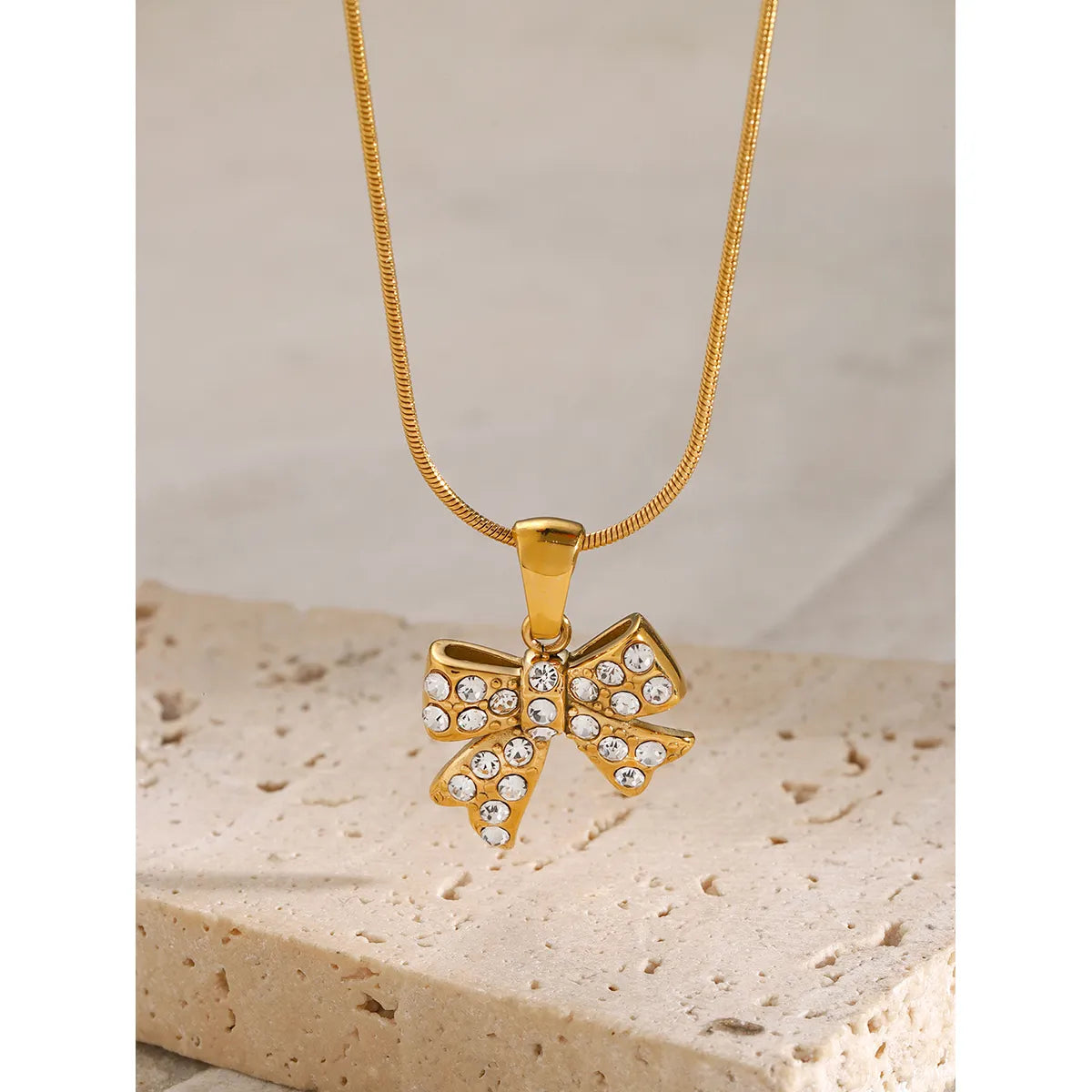 Wholesale Jewelry IG Style Bow Knot 304 Stainless Steel Rhinestones 18K Gold Plated Inlay Rings Necklace