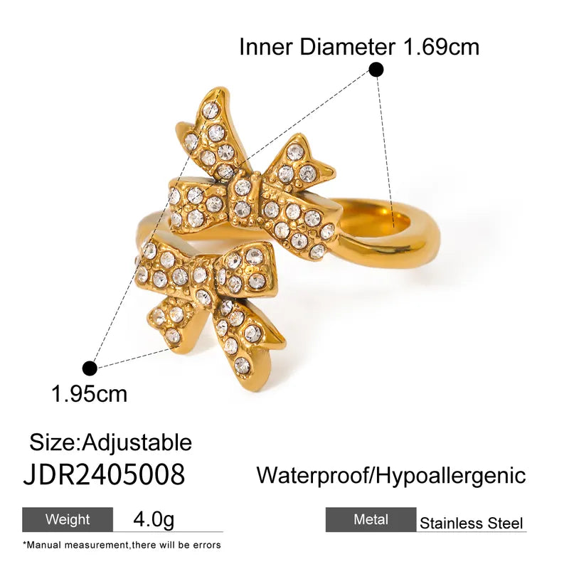 Wholesale Jewelry IG Style Bow Knot 304 Stainless Steel Rhinestones 18K Gold Plated Inlay Rings Necklace