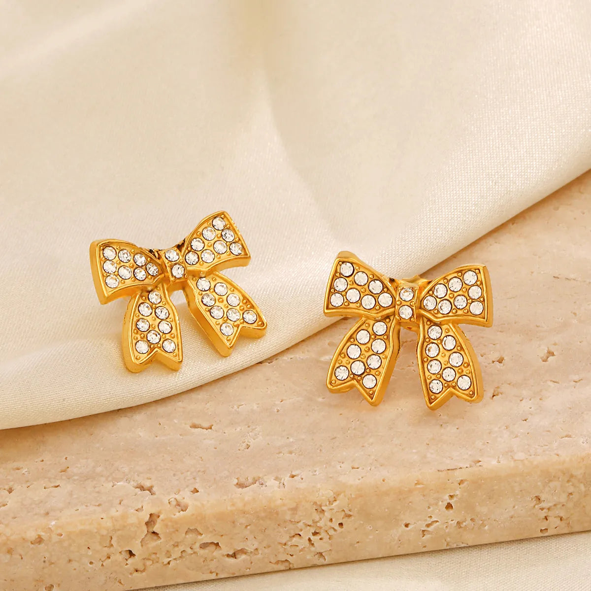 Wholesale Jewelry IG Style Bow Knot 304 Stainless Steel Zircon 18K Gold Plated Inlay