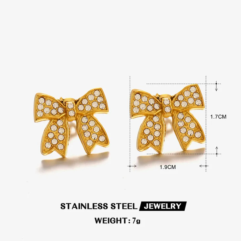 Wholesale Jewelry IG Style Bow Knot 304 Stainless Steel Zircon 18K Gold Plated Inlay