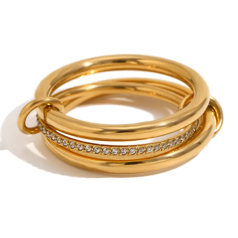 Wholesale Jewelry IG Style Circle 304 Stainless Steel Rhinestones 18K Gold Plated Layered Plating Inlay Rings