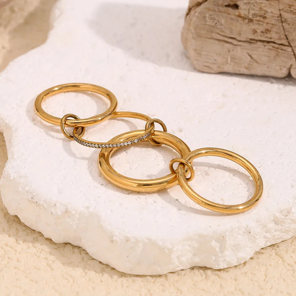 Wholesale Jewelry IG Style Circle 304 Stainless Steel Rhinestones 18K Gold Plated Layered Plating Inlay Rings