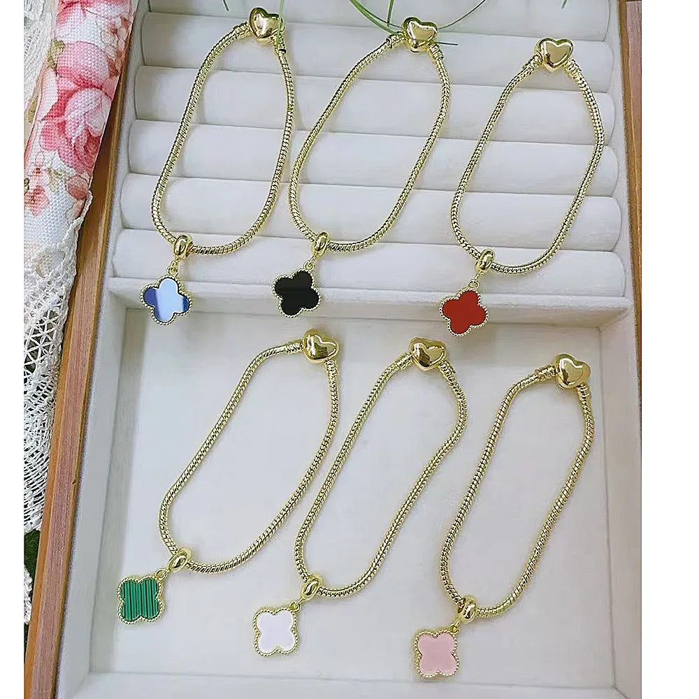 Wholesale Jewelry IG Style Classic Style Four Leaf Clover Heart Shape Copper Artificial Gemstones 18K Gold Plated Polishing Plating Inlay Bracelets