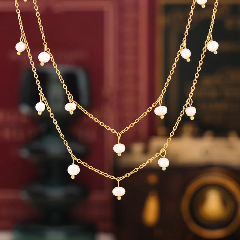 Wholesale Jewelry IG Style Commute Geometric Freshwater Pearl Titanium Steel Pearl 18K Gold Plated Inlay Necklace