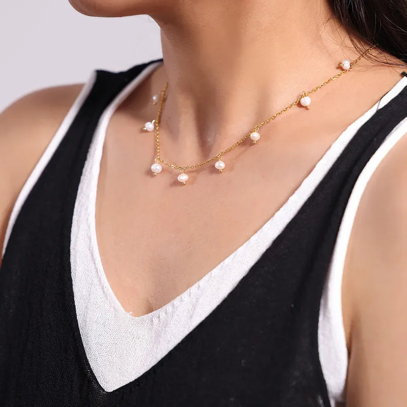 Wholesale Jewelry IG Style Commute Geometric Freshwater Pearl Titanium Steel Pearl 18K Gold Plated Inlay Necklace