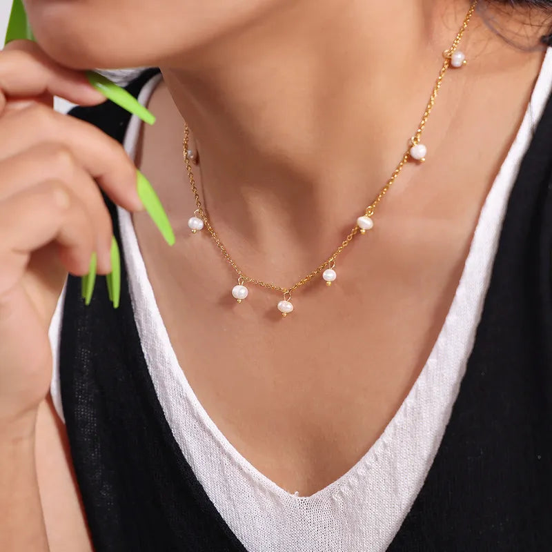 Wholesale Jewelry IG Style Commute Geometric Freshwater Pearl Titanium Steel Pearl 18K Gold Plated Inlay Necklace