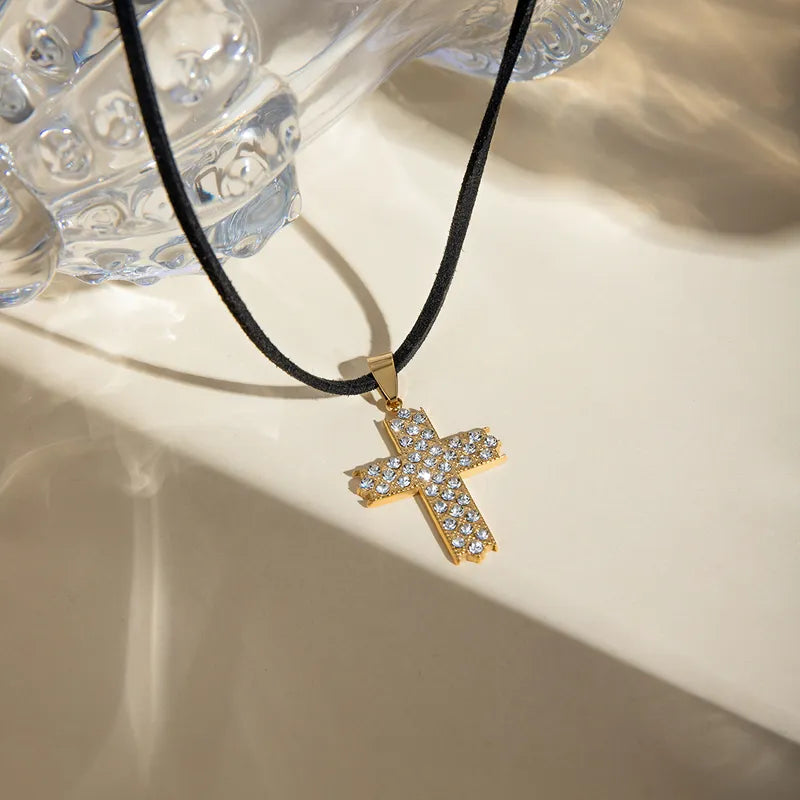 Wholesale Jewelry IG Style Cross 304 Stainless Steel Zircon 18K Gold Plated Inlay Pendant Necklace