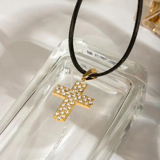 Wholesale Jewelry IG Style Cross 304 Stainless Steel Zircon 18K Gold Plated Inlay Pendant Necklace