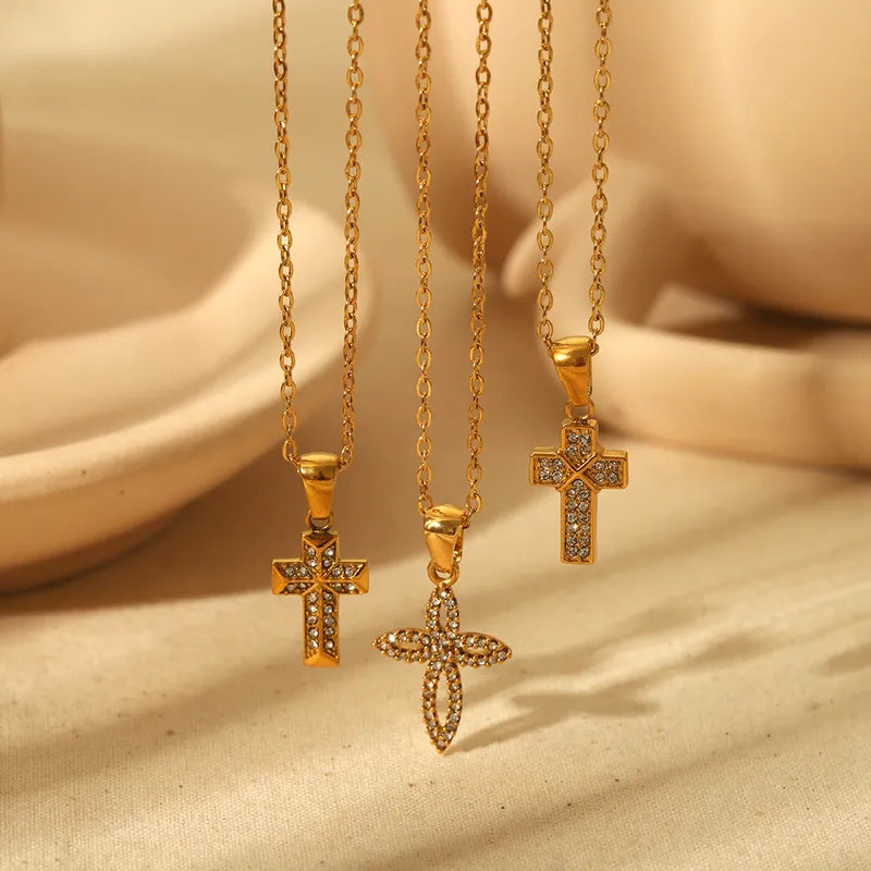 Wholesale Jewelry IG Style Cross 304 Stainless Steel Zircon Plating Inlay Pendant Necklace