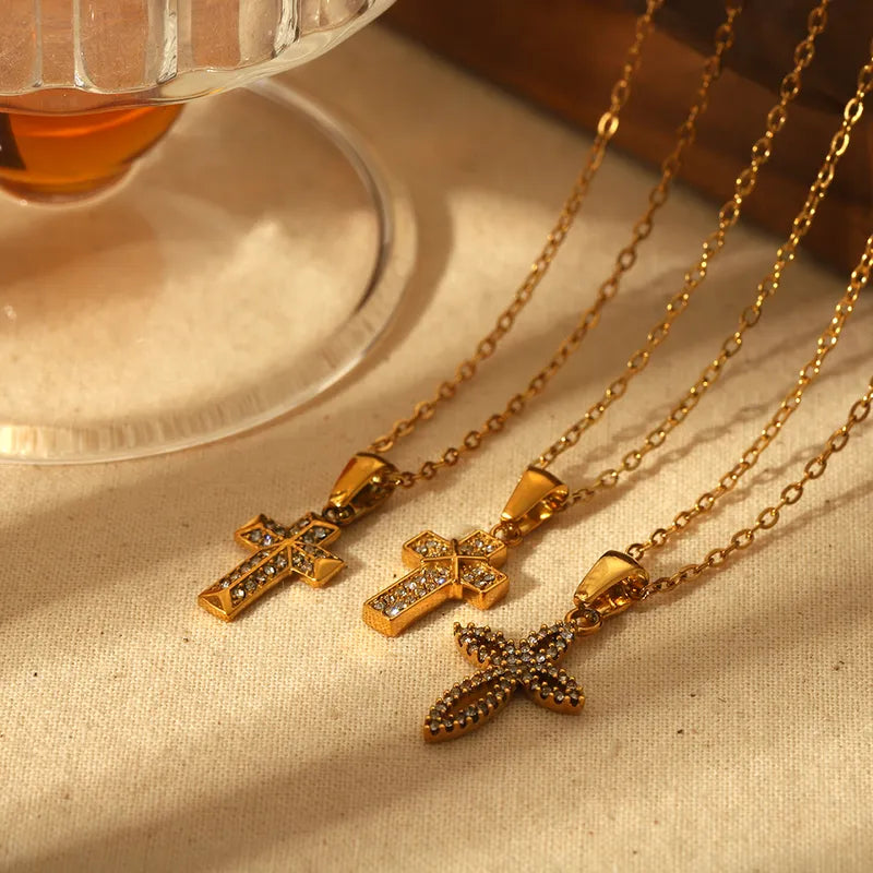 Wholesale Jewelry IG Style Cross 304 Stainless Steel Zircon Plating Inlay Pendant Necklace