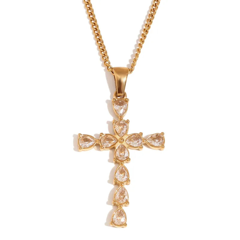 Wholesale Jewelry IG Style Cross Water Droplets Heart Shape 304 Stainless Steel Rhinestones 18K Gold Plated Plating Inlay Pendant Necklace