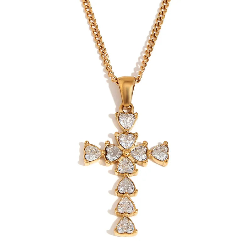 Wholesale Jewelry IG Style Cross Water Droplets Heart Shape 304 Stainless Steel Rhinestones 18K Gold Plated Plating Inlay Pendant Necklace