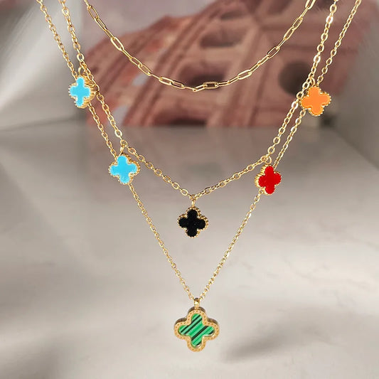 Wholesale Jewelry IG Style Elegant Four Leaf Clover 304 Stainless Steel 18K Gold Plated Three Layer Necklace Cable Chain