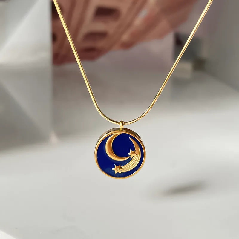 Wholesale Jewelry IG Style Elegant Sun Moon 304 Stainless Steel 18K Gold Plated Pendant Necklace Snake Chain