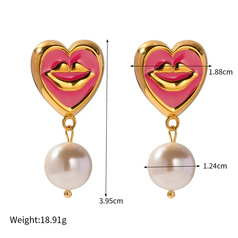 Wholesale Jewelry IG Style Elegant Vintage Style Lips Heart Shape 304 Stainless Steel 18K Gold Plated Enamel Earrings Necklace