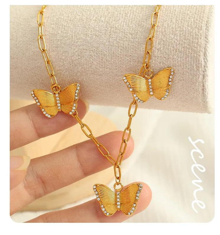 Wholesale Jewelry IG Style Fairy Style Elegant Butterfly 304 Stainless Steel Rhinestones 18K Gold Plated Polishing Inlay Pendant Necklace