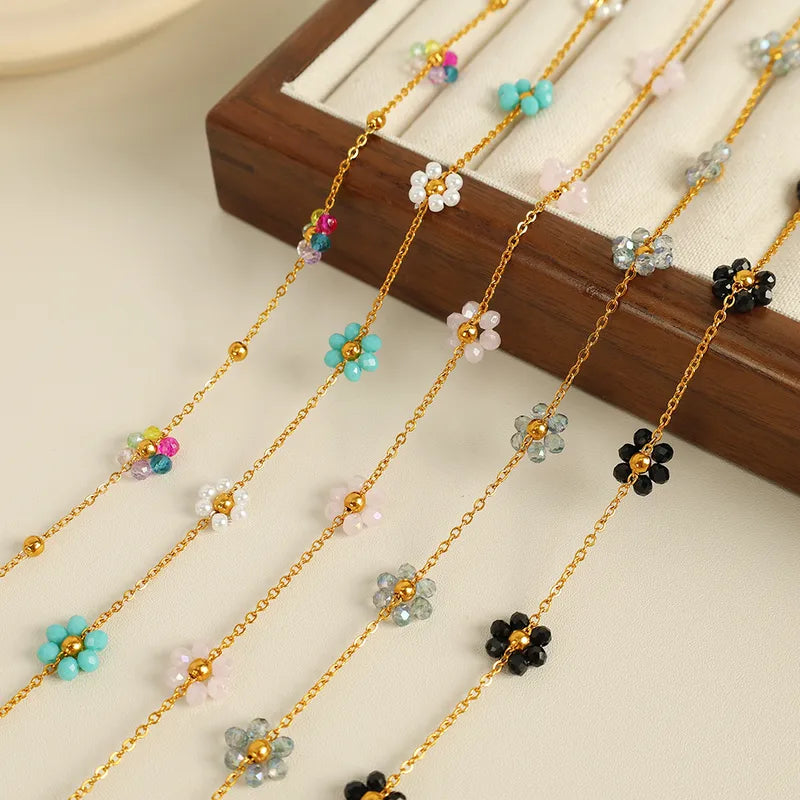 Wholesale Jewelry IG Style French Style British Style Flower 304 Stainless Steel Crystal 18K Gold Plated Beaded Polishing Plating Jewelry Set