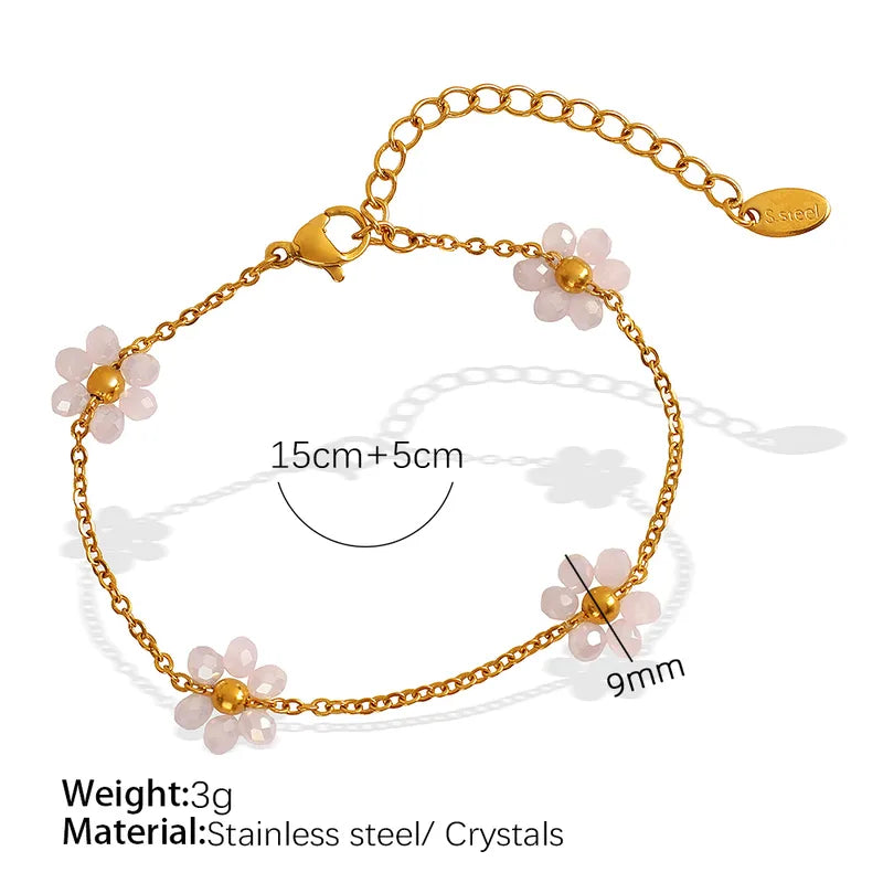 Wholesale Jewelry IG Style French Style British Style Flower 304 Stainless Steel Crystal 18K Gold Plated Beaded Polishing Plating Jewelry Set