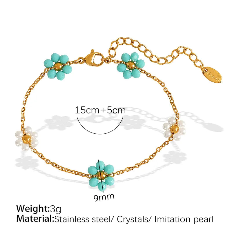 Wholesale Jewelry IG Style French Style British Style Flower 304 Stainless Steel Crystal 18K Gold Plated Beaded Polishing Plating Jewelry Set