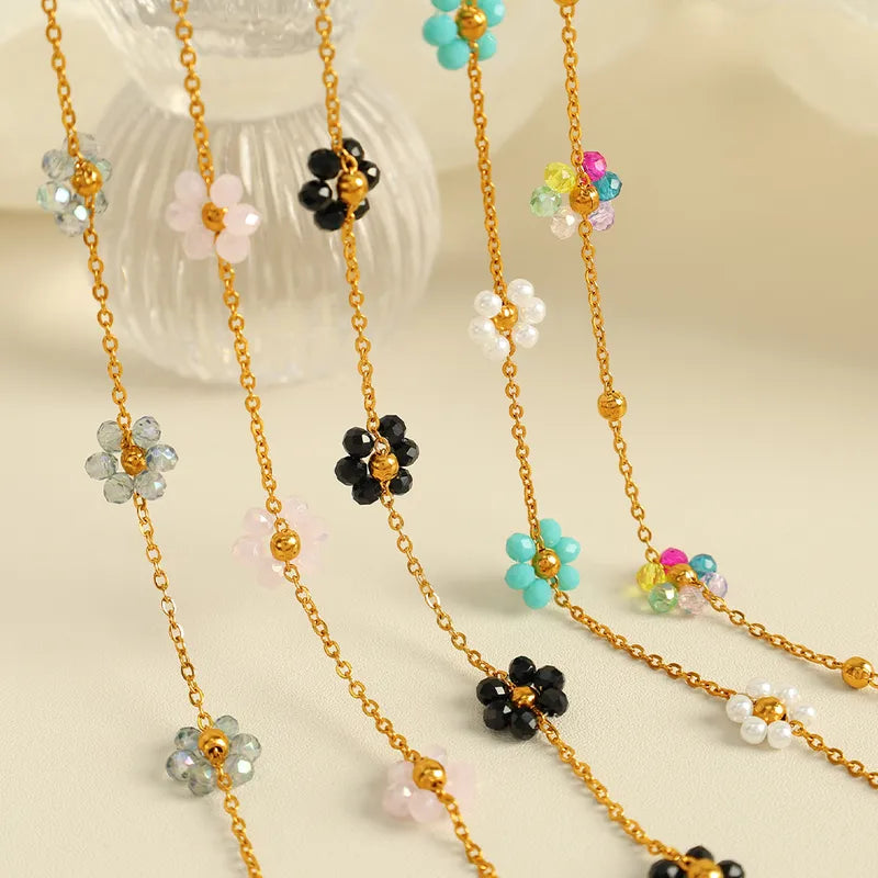 Wholesale Jewelry IG Style French Style British Style Flower 304 Stainless Steel Crystal 18K Gold Plated Beaded Polishing Plating Jewelry Set