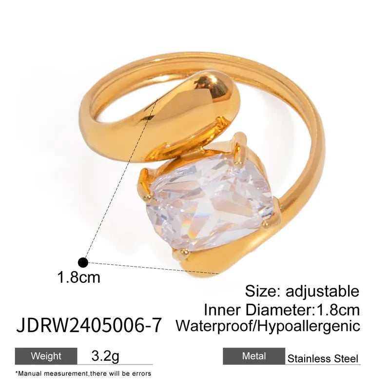 Wholesale Jewelry IG Style Geometric Square 304 Stainless Steel Zircon 18K Gold Plated Inlay Open Rings Rings