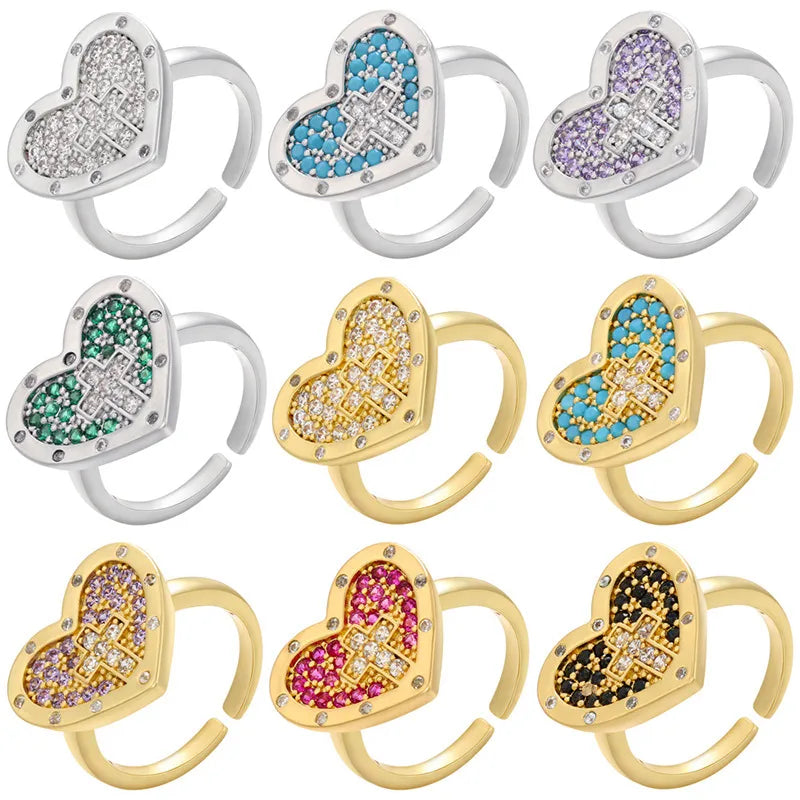 Wholesale Jewelry IG Style Heart Shape Brass Zircon Inlay Open Rings