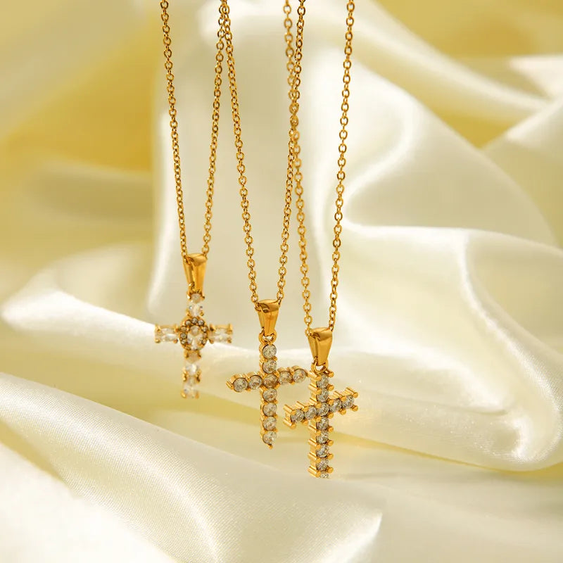 Wholesale Jewelry IG Style Hip-Hop Classic Style Cross 304 Stainless Steel Titanium Steel Zircon 18K Gold Plated Pendant Necklace