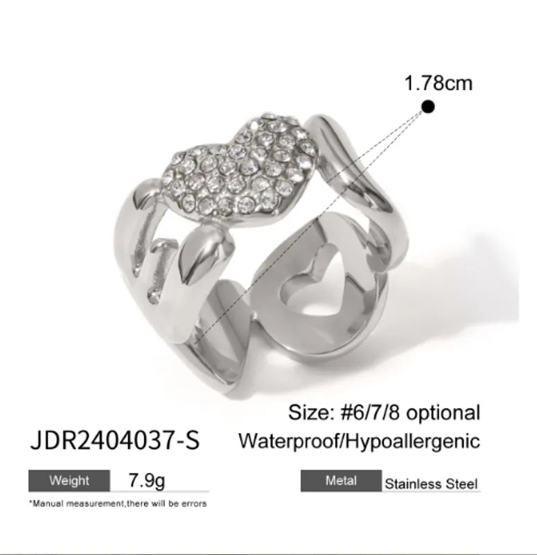 Wholesale Jewelry IG Style Love Heart Shape 316 Stainless Steel Rhinestones Plating Inlay Rings