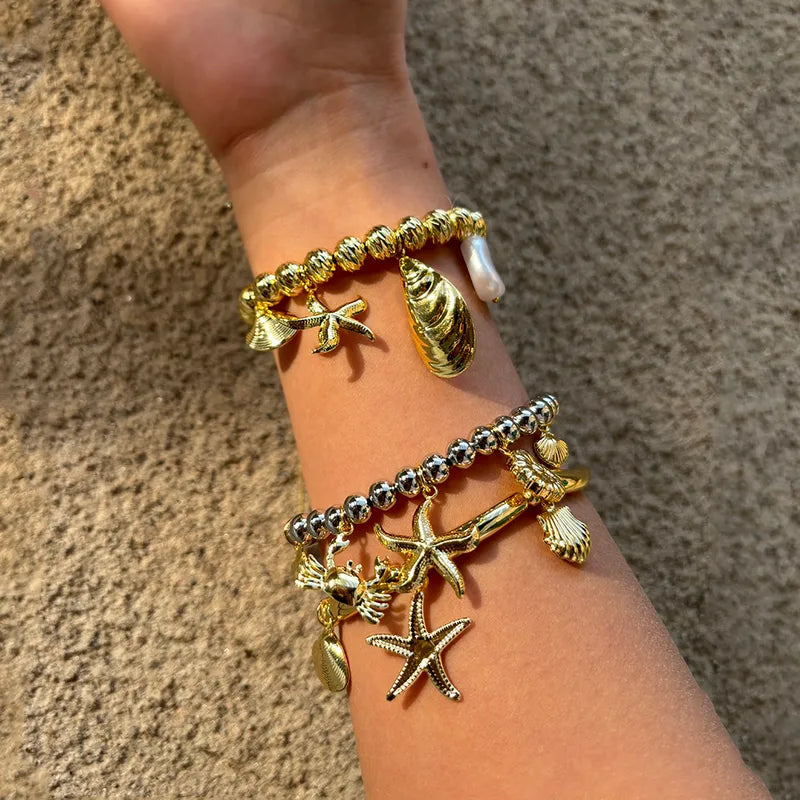 Wholesale Jewelry IG Style Marine Style Commute Starfish Conch Shell Copper 18K Gold Plated Beaded Bracelets