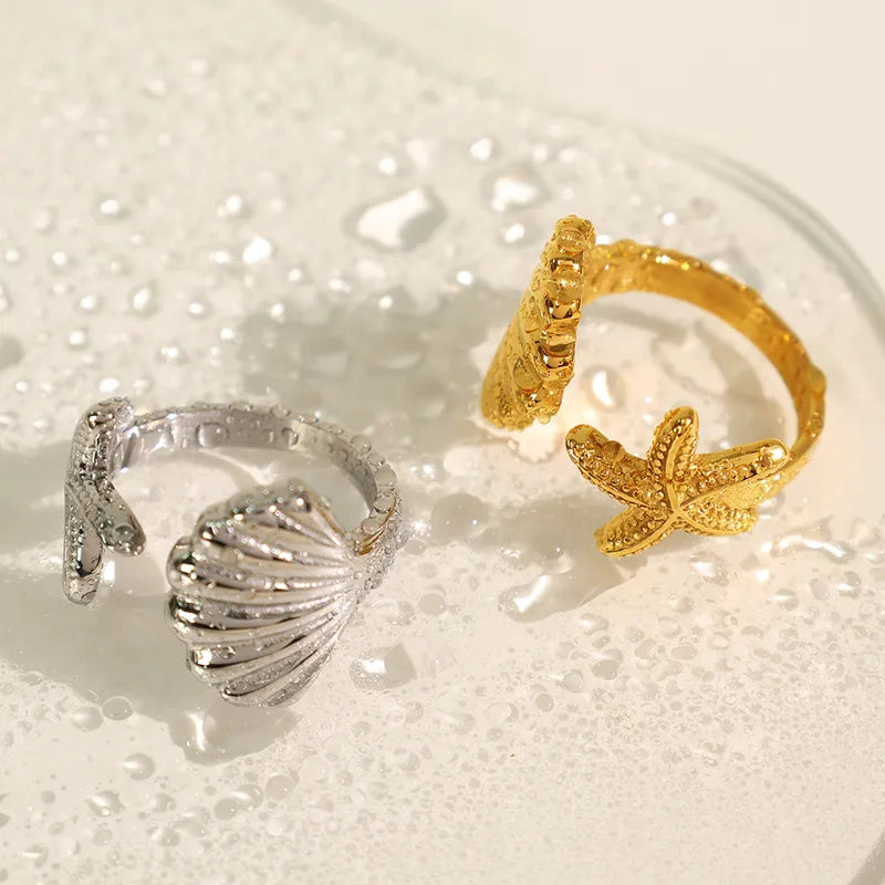 Wholesale Jewelry IG Style Marine Style Starfish Shell 304 Stainless Steel 18K Gold Plated Polishing Plating Open Rings