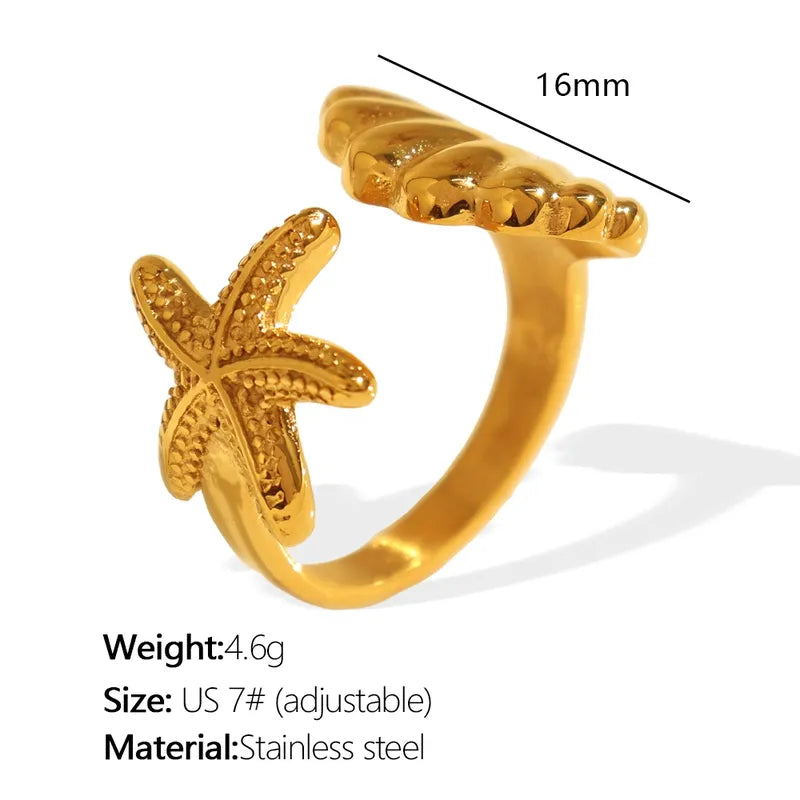 Wholesale Jewelry IG Style Marine Style Starfish Shell 304 Stainless Steel 18K Gold Plated Polishing Plating Open Rings