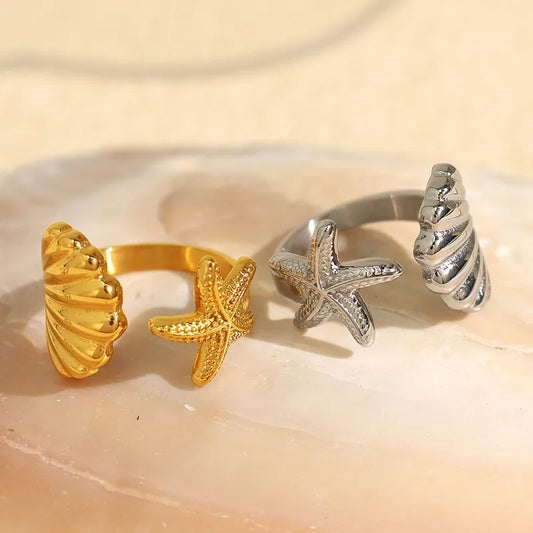 Wholesale Jewelry IG Style Marine Style Starfish Shell 304 Stainless Steel 18K Gold Plated Polishing Plating Open Rings