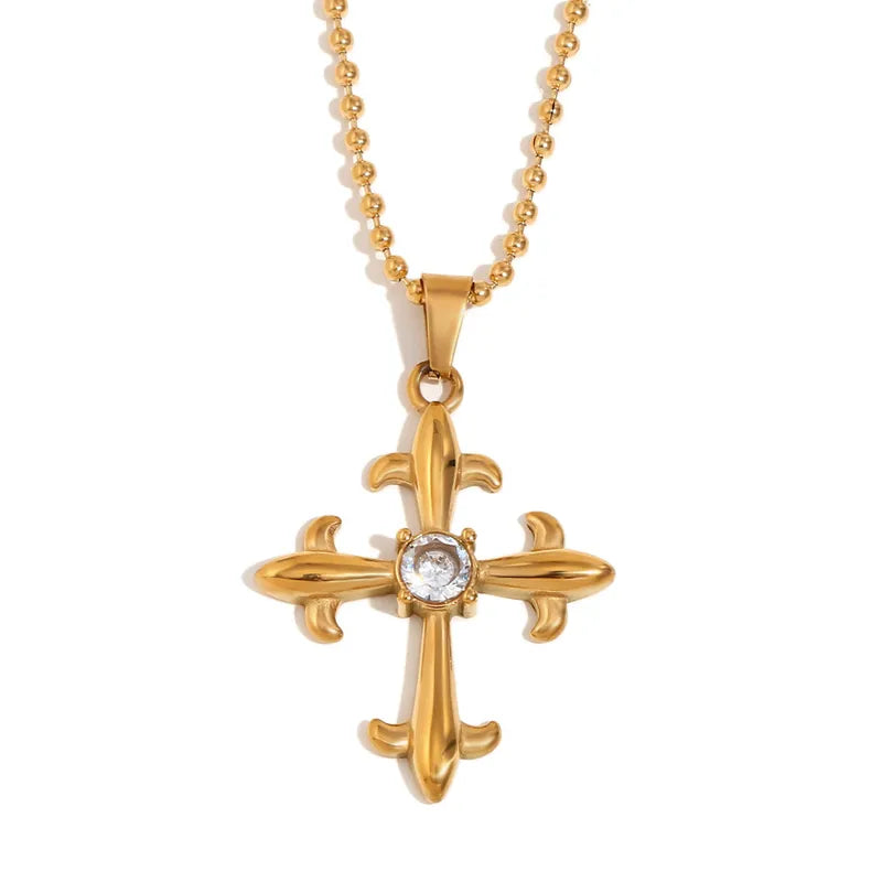 Wholesale Jewelry IG Style Retro Cross 304 Stainless Steel Rhinestones 18K Gold Plated Plating Inlay Pendant Necklace