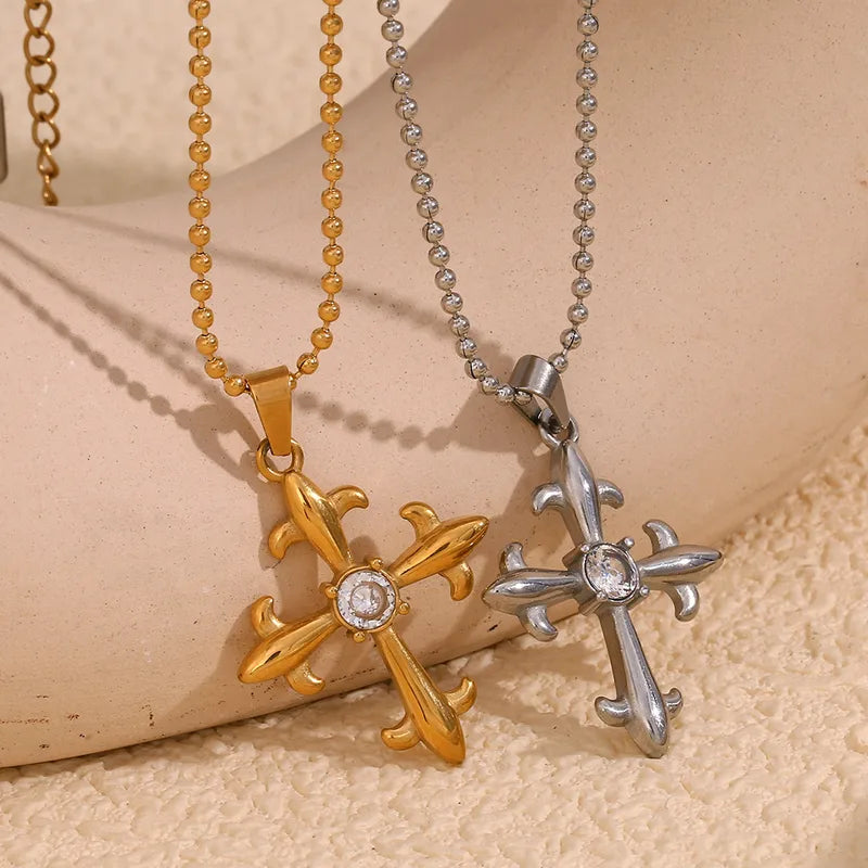 Wholesale Jewelry IG Style Retro Cross 304 Stainless Steel Rhinestones 18K Gold Plated Plating Inlay Pendant Necklace