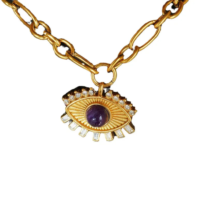 Wholesale Jewelry IG Style Retro Devil's Eye Titanium Steel Zircon 18K Gold Plated Hollow Out Inlay Pendant Necklace