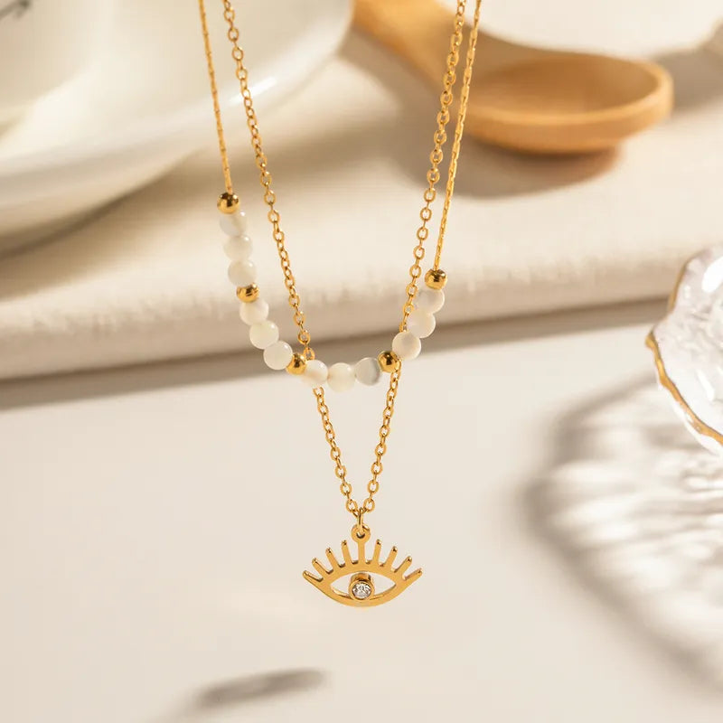 Wholesale Jewelry IG Style Simple Style Devil's Eye 304 Stainless Steel Zircon 18K Gold Plated Beaded Hollow Out Inlay Double Layer Necklaces