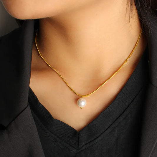 Wholesale Jewelry IG Style Simple Style Round 304 Stainless Steel Pearl 18K Gold Plated Plating Inlay Pendant Necklace