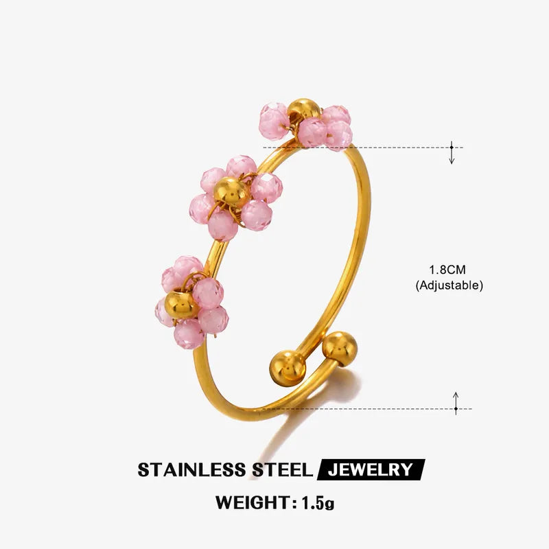 Wholesale Jewelry IG Style Sweet Flower 304 Stainless Steel 18K Gold Plated Beaded Knitting Open Rings