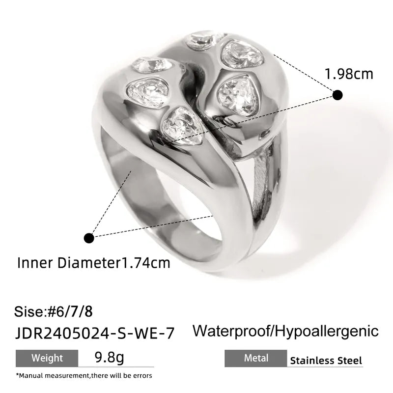 Wholesale Jewelry IG Style Water Droplets Heart Shape 316 Stainless Steel Zircon Inlay Rings