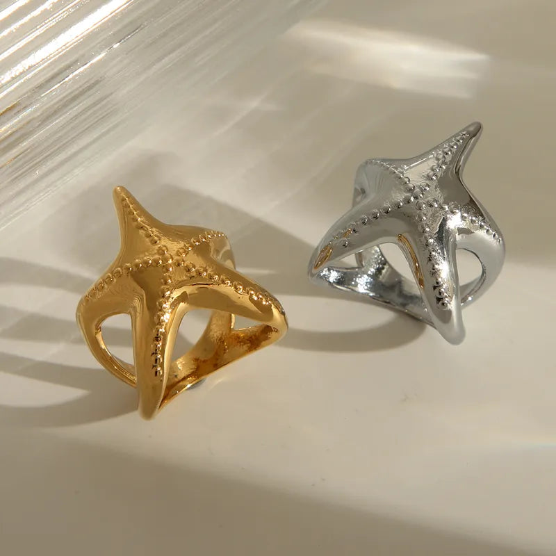 Wholesale Jewelry Marine Style Beach Commute Starfish Solid Color 304 Stainless Steel 18K Gold Plated Rings