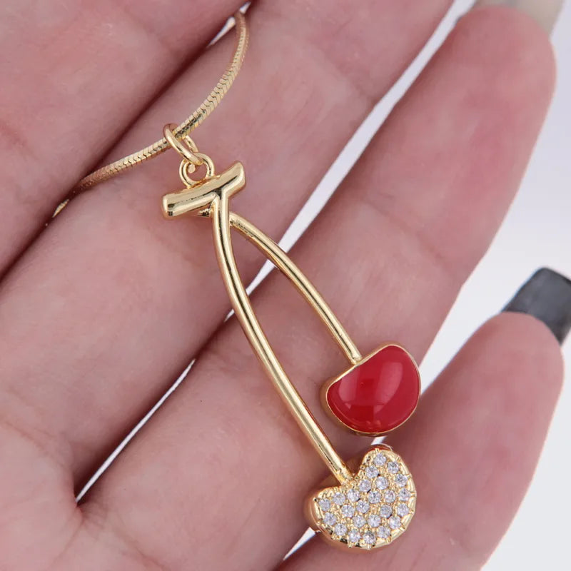 Wholesale Jewelry Modern Style Classic Style Cherry Fruit Arylic Copper Zircon 18K Gold Plated Epoxy Pendant Necklace