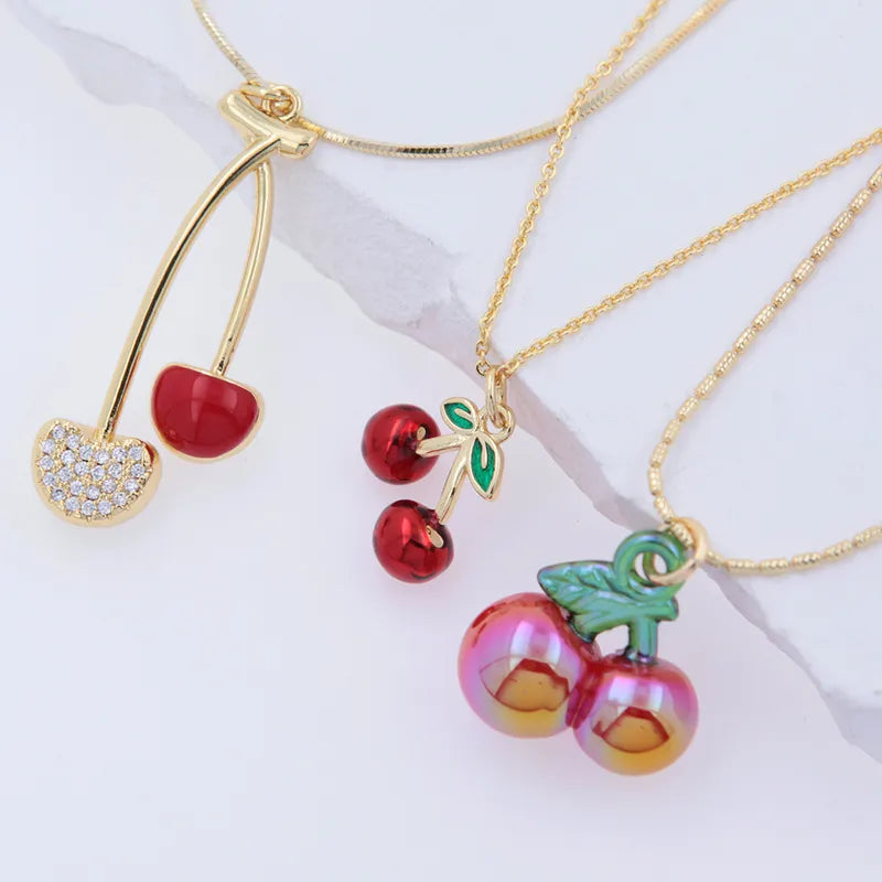 Wholesale Jewelry Modern Style Classic Style Cherry Fruit Arylic Copper Zircon 18K Gold Plated Epoxy Pendant Necklace