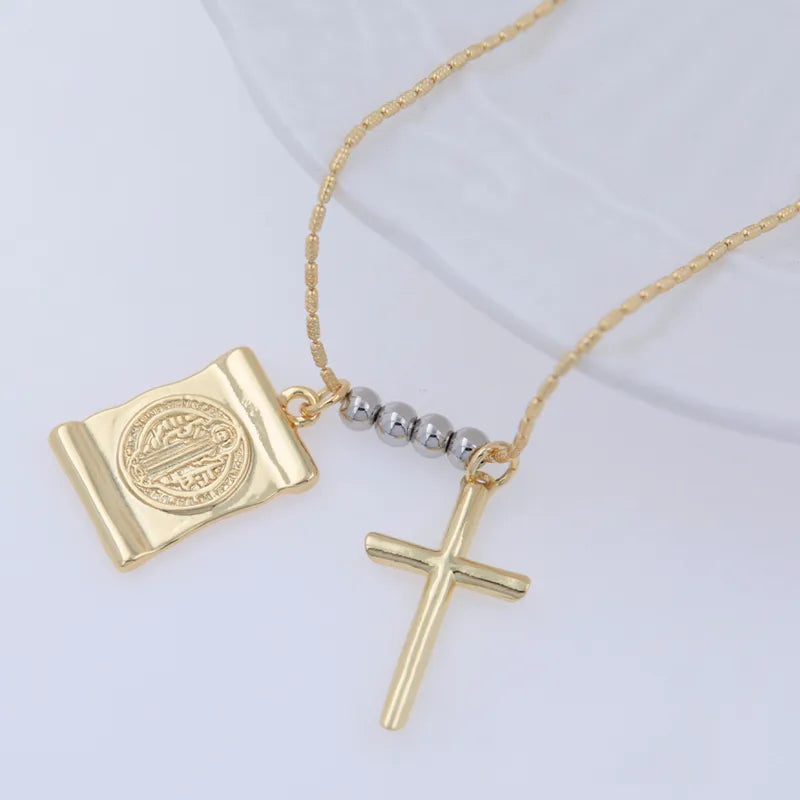 Wholesale Jewelry Modern Style Simple Style Classic Style Human Cross Copper 18K Gold Plated Asymmetrical Beaded Pendant Necklace