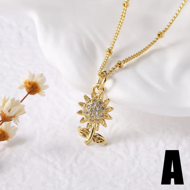 Wholesale Jewelry Modern Style Simple Style Flower 201 Stainless Steel Copper Zircon 18K Gold Plated Inlay Pendant Necklace