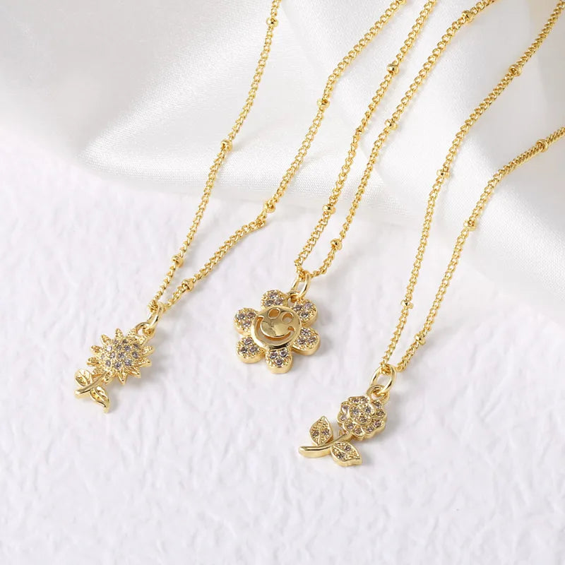 Wholesale Jewelry Modern Style Simple Style Flower 201 Stainless Steel Copper Zircon 18K Gold Plated Inlay Pendant Necklace