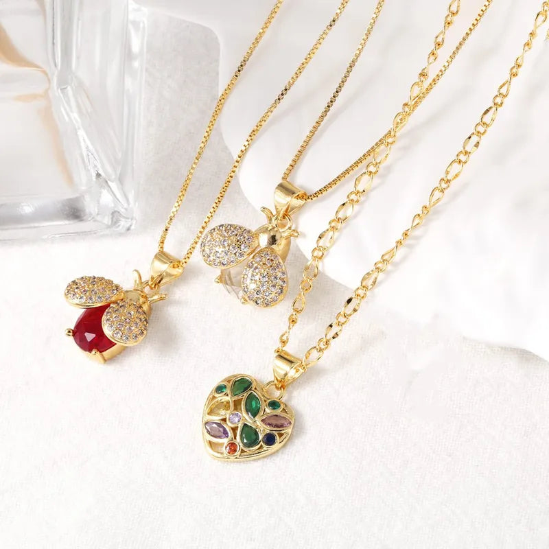 Wholesale Jewelry Modern Style Simple Style Heart Shape Beetles 201 Stainless Steel Copper Zircon 18K Gold Plated Inlay Pendant Necklace